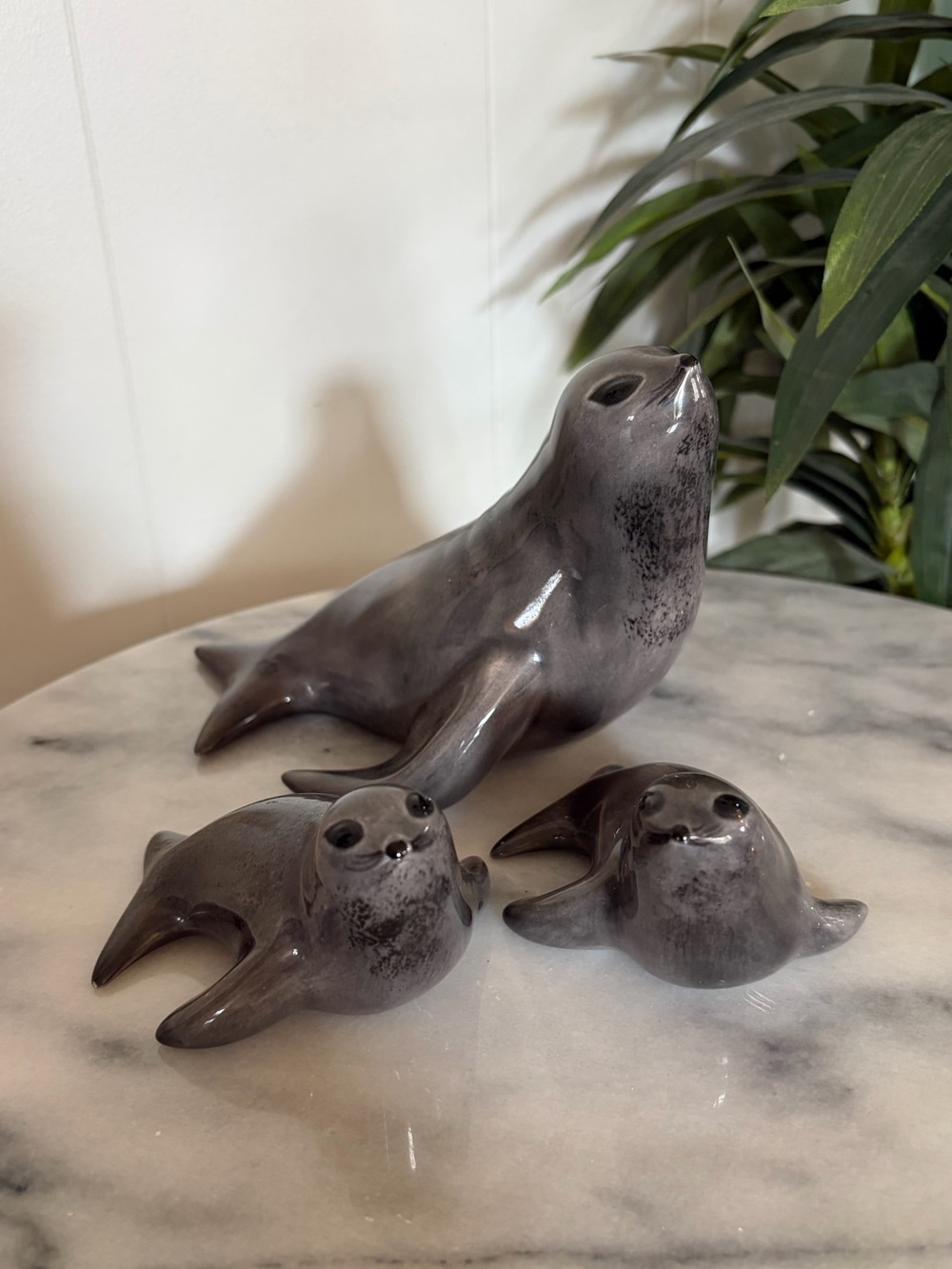 Vintage Glazed Ceramic Grey Seal Family Mother Pups Set Glossy Figurine Statue